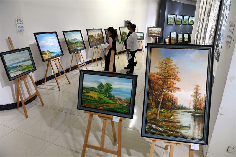 2024年5月4日，市民在山东省临沂市郯城县文体中心展览馆观看尤敏杰展览的油画作品。.JPG